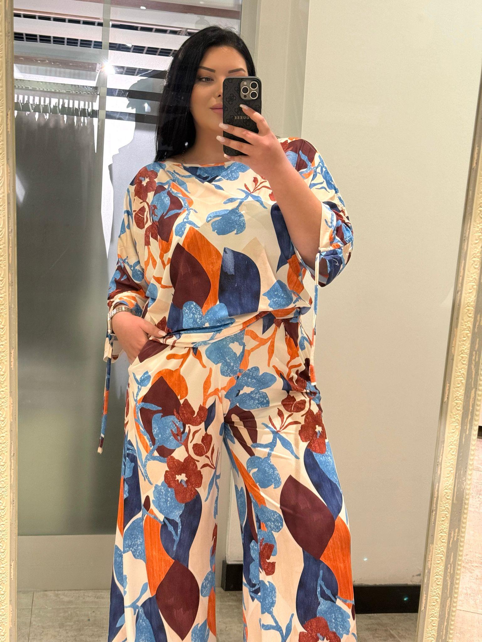 Oversize Çiçek Desenli Kol Büzgülü Buzi Kumaş İkili Takım - Mavi 