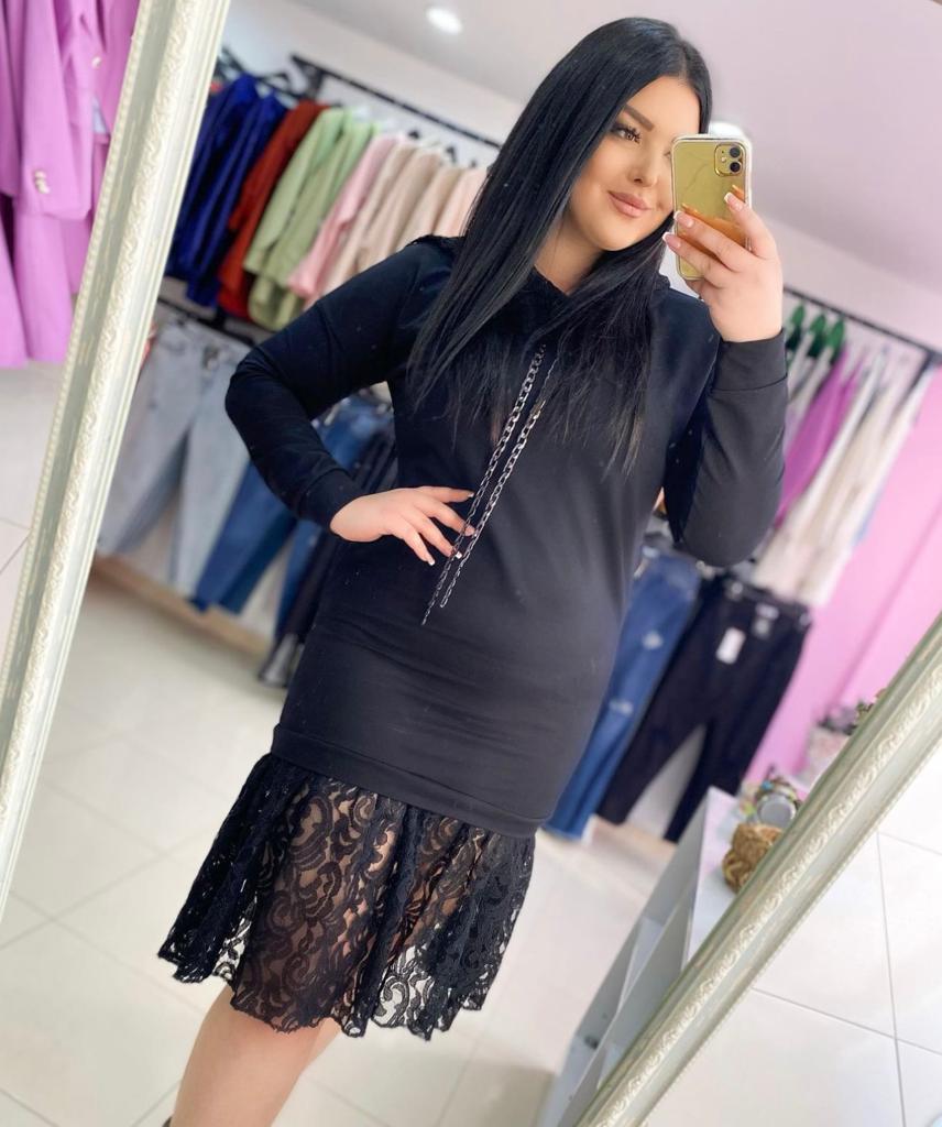 Oversize Dantel Detaylı Tasarım Sweat Elbise - Siyah 