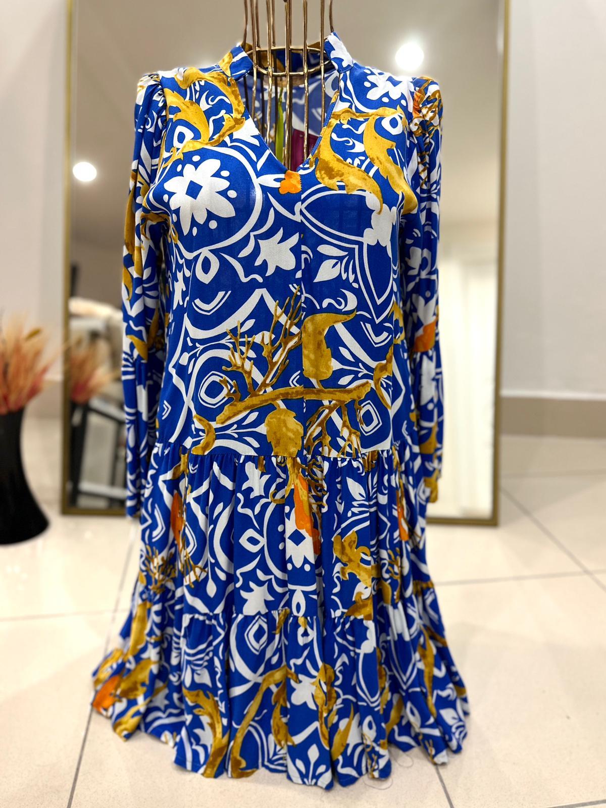 Oversize Desenli Etek Ucu Volanlı Kısa Elbise - Saks 