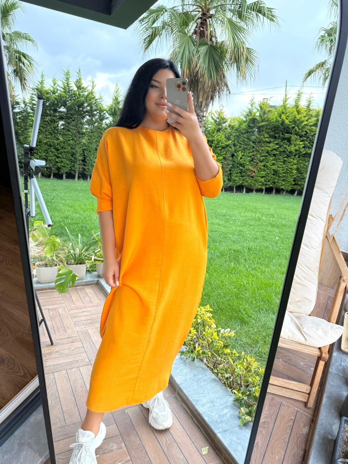 Oversize Dökümlü Keten Uzun Elbise - Turuncu 