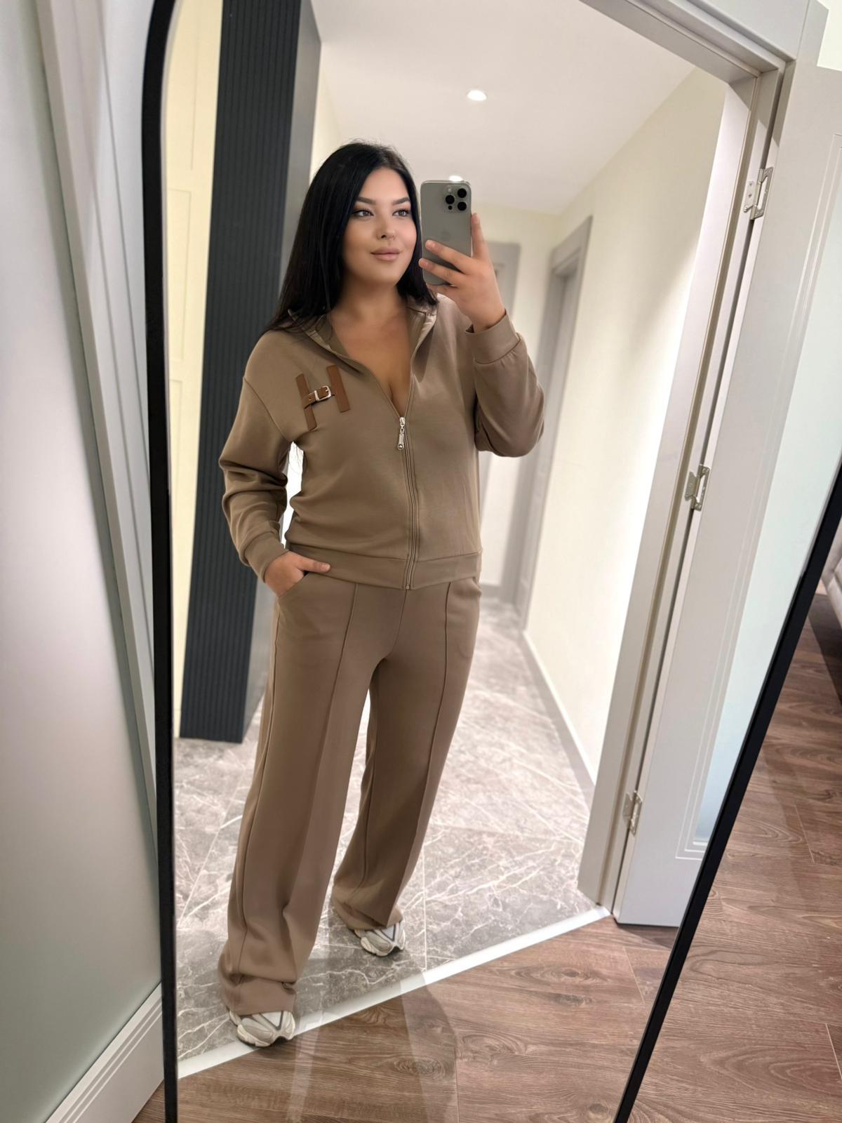 Oversize Fermuarlı Modal Kumaş Kadın İkili Takım - Camel 