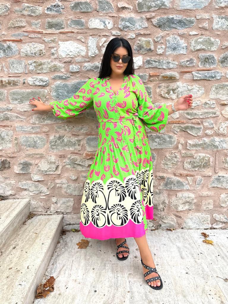 Oversize Fuşya Desen Pamuk Kumaş Maxi Boy Elbise - Yeşil 