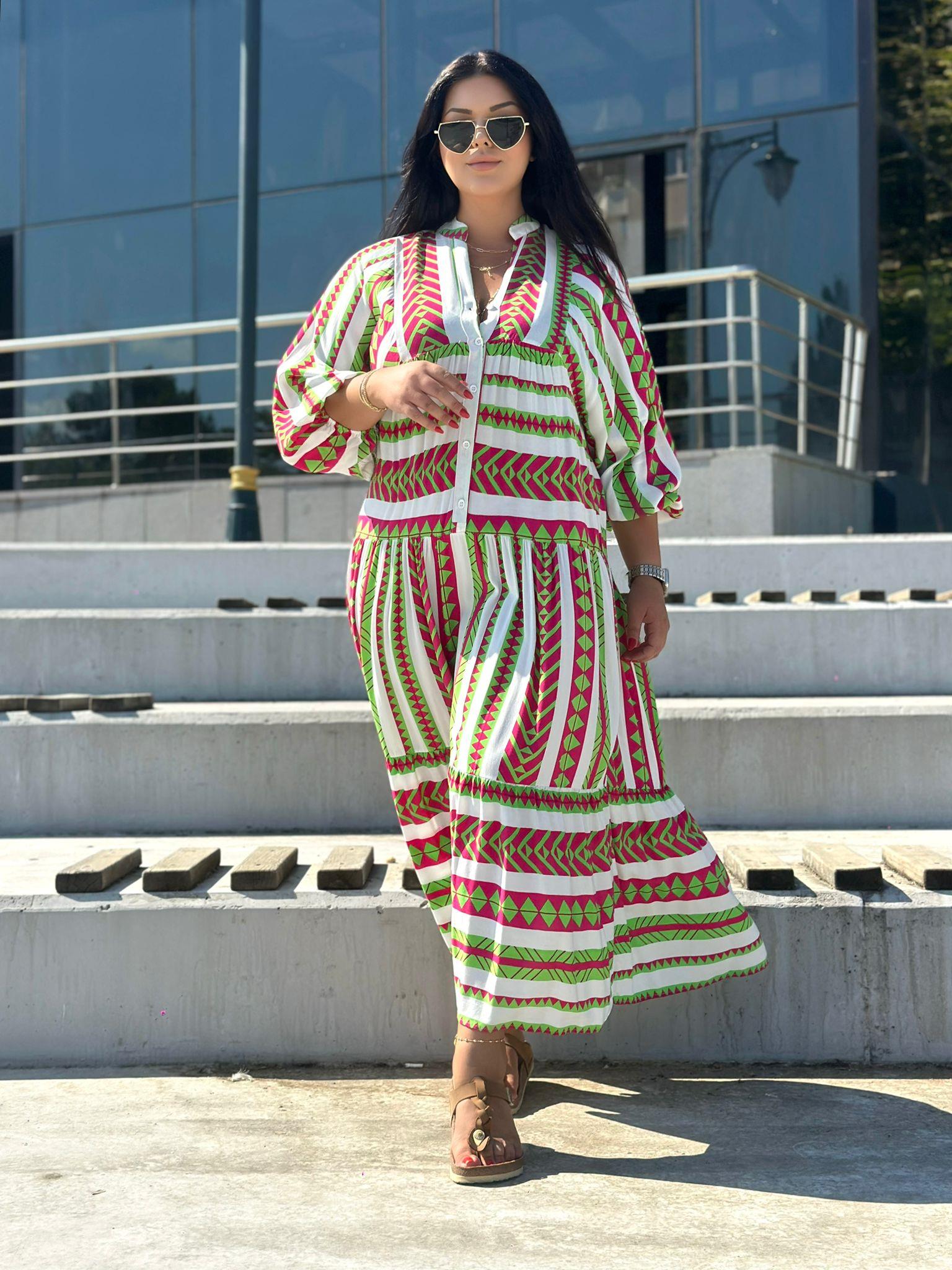 Oversize Fuşya Geometrik Desen Pamuk Kumaş Maxi Boy Uzun Elbise - Yeşil 