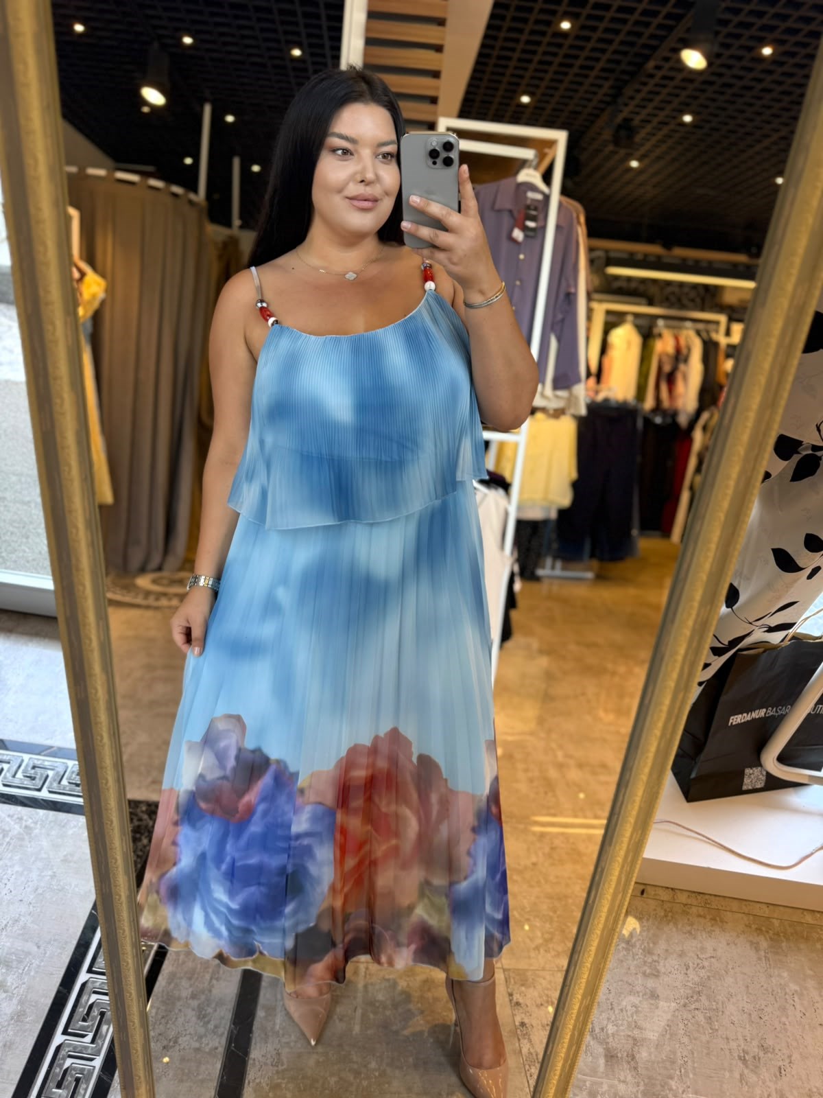 Oversize İki Katlı Askılı Pliseli Kadın Elbise - Mavi 