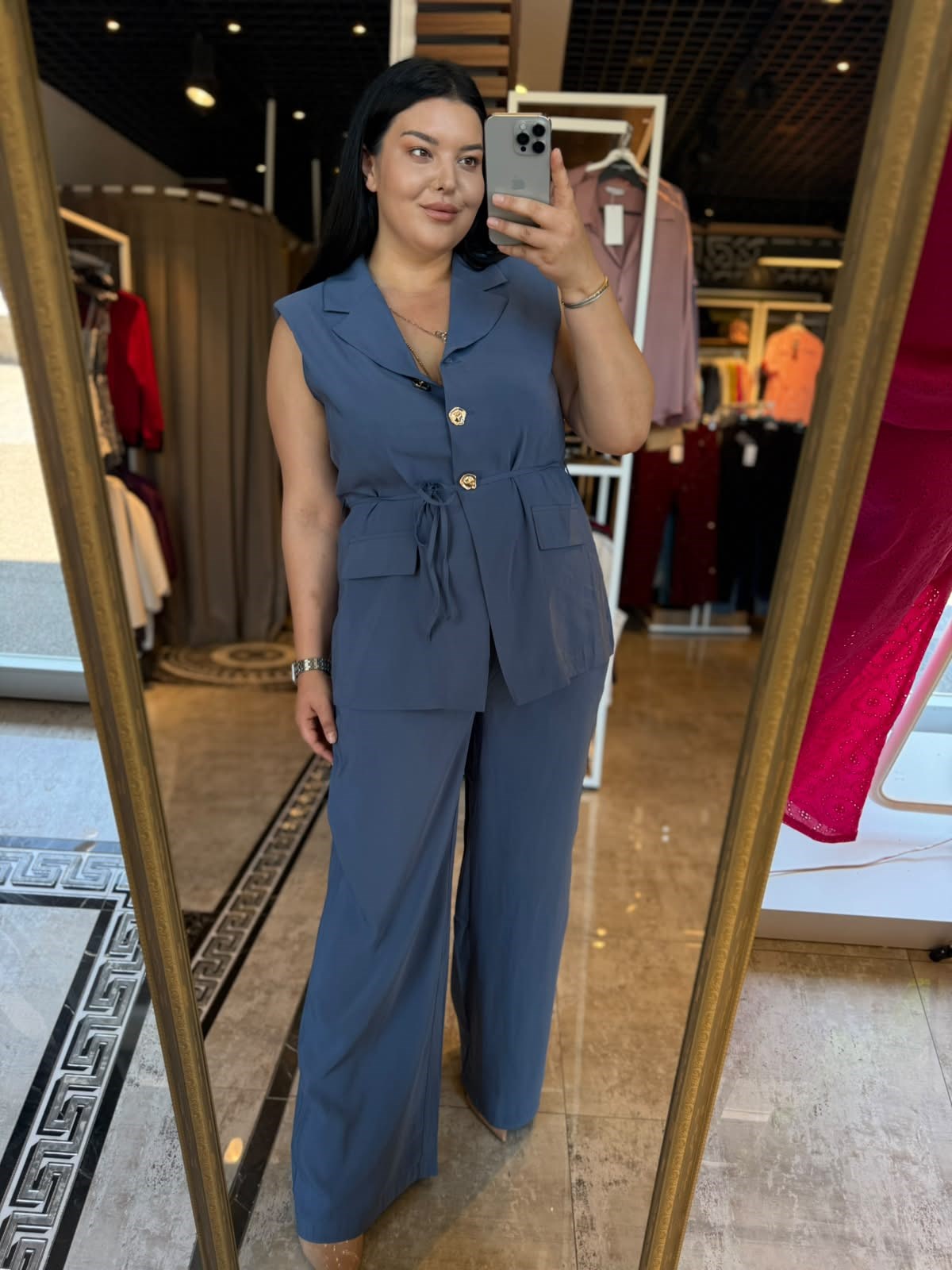 Oversize İp Bağlamalı Düğmeli Yelekli Kadın İkili Takım - İndigo Mavi 