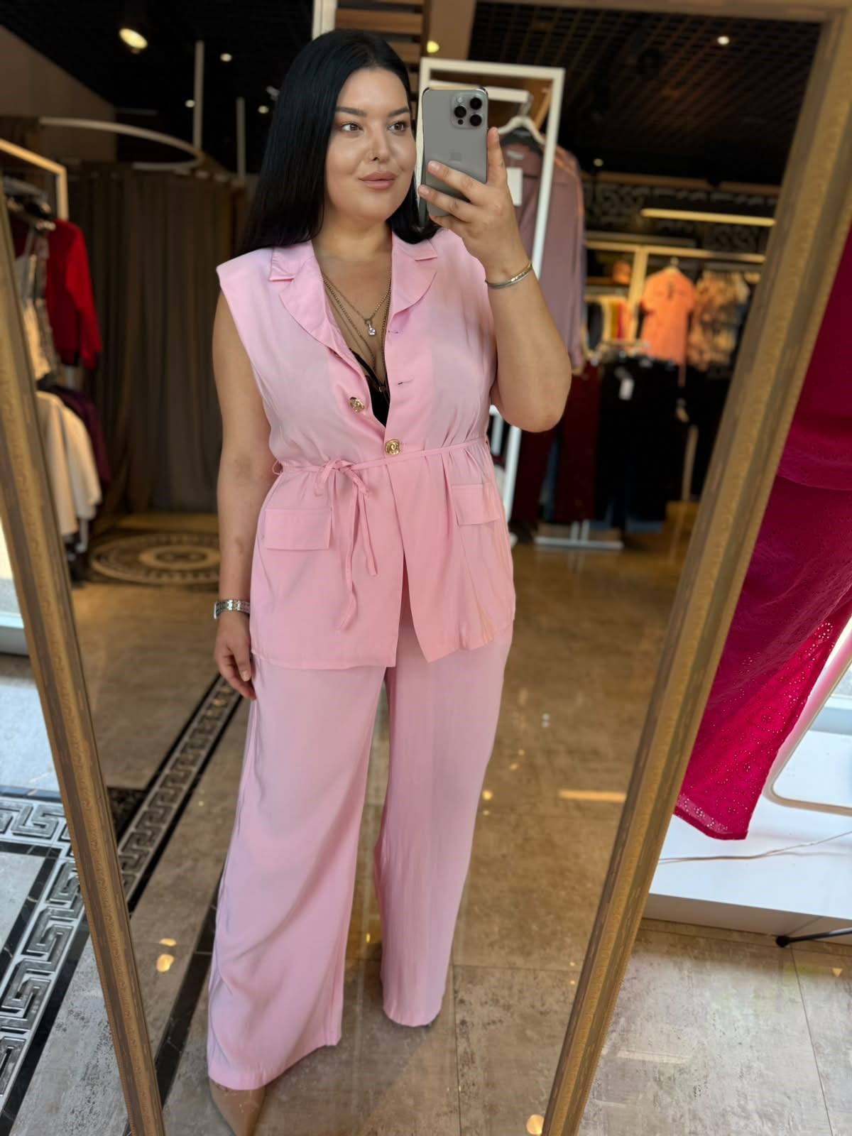 Oversize İp Bağlamalı Düğmeli Yelekli Kadın İkili Takım - Pembe 