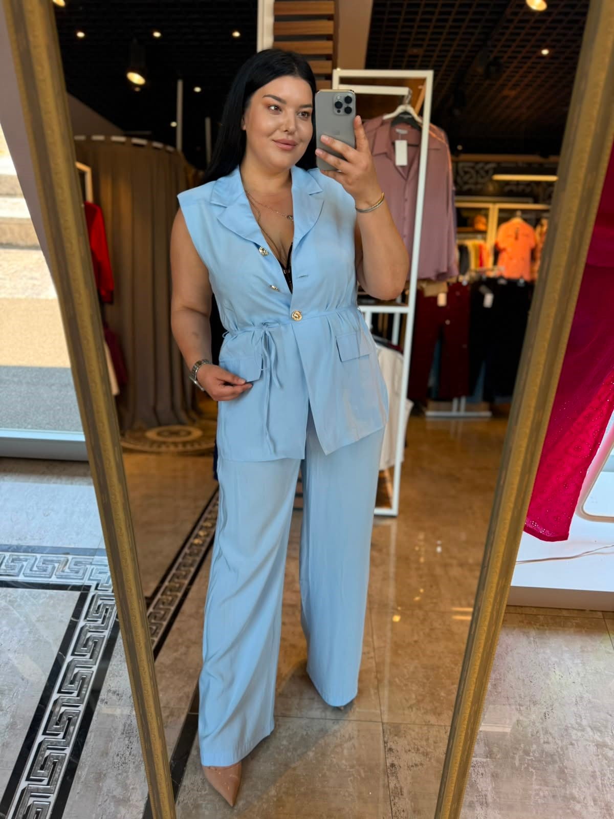 Oversize İp Bağlamalı Düğmeli Yelekli Kadın İkili Takım - Mavi 
