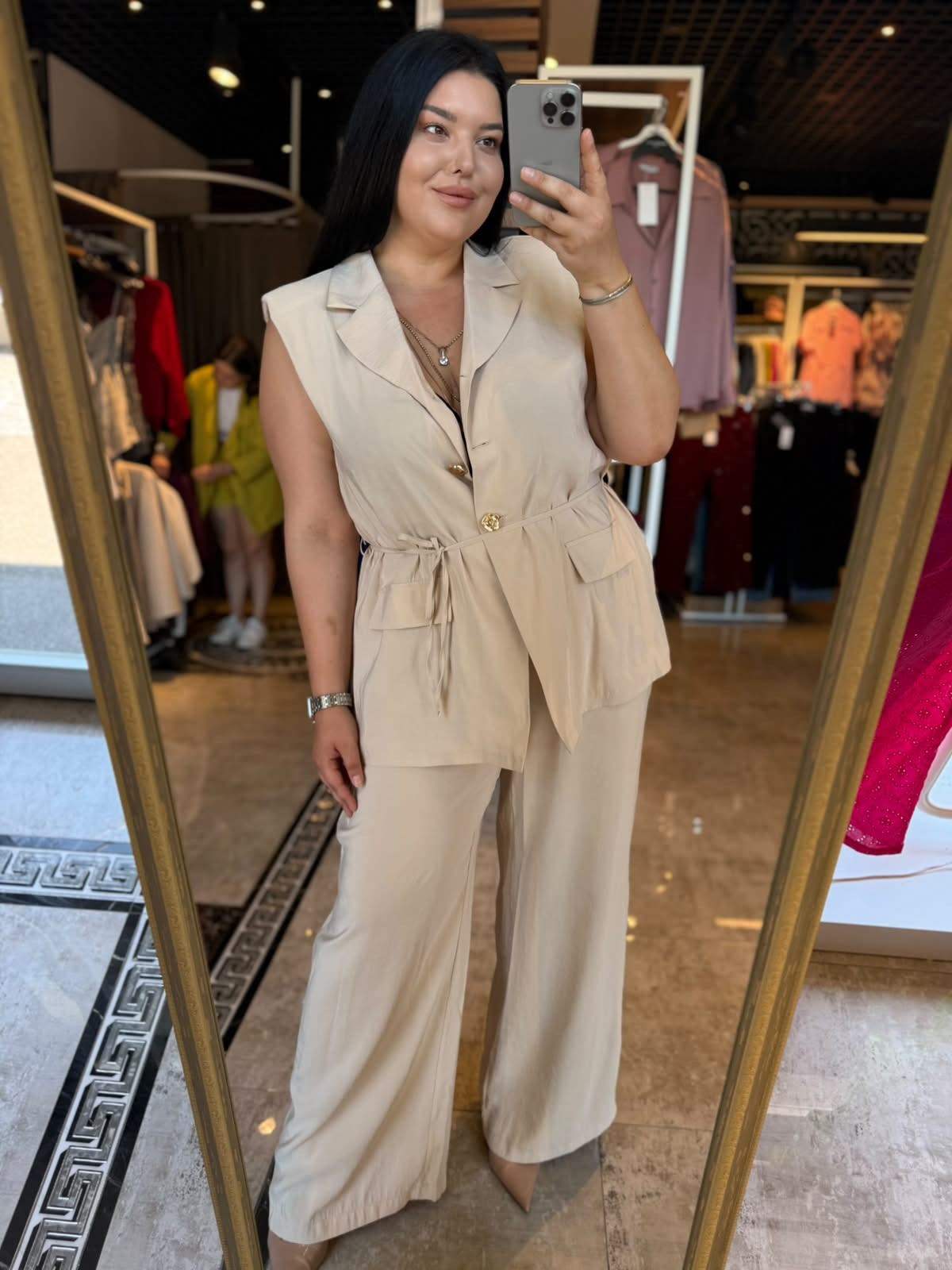 Oversize İp Bağlamalı Düğmeli Yelekli Kadın İkili Takım - Taş 