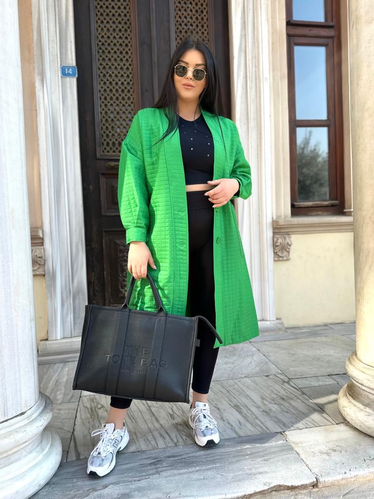 Oversize Kapitone Bohem Desenli Kadın Trençkot - Yeşil 