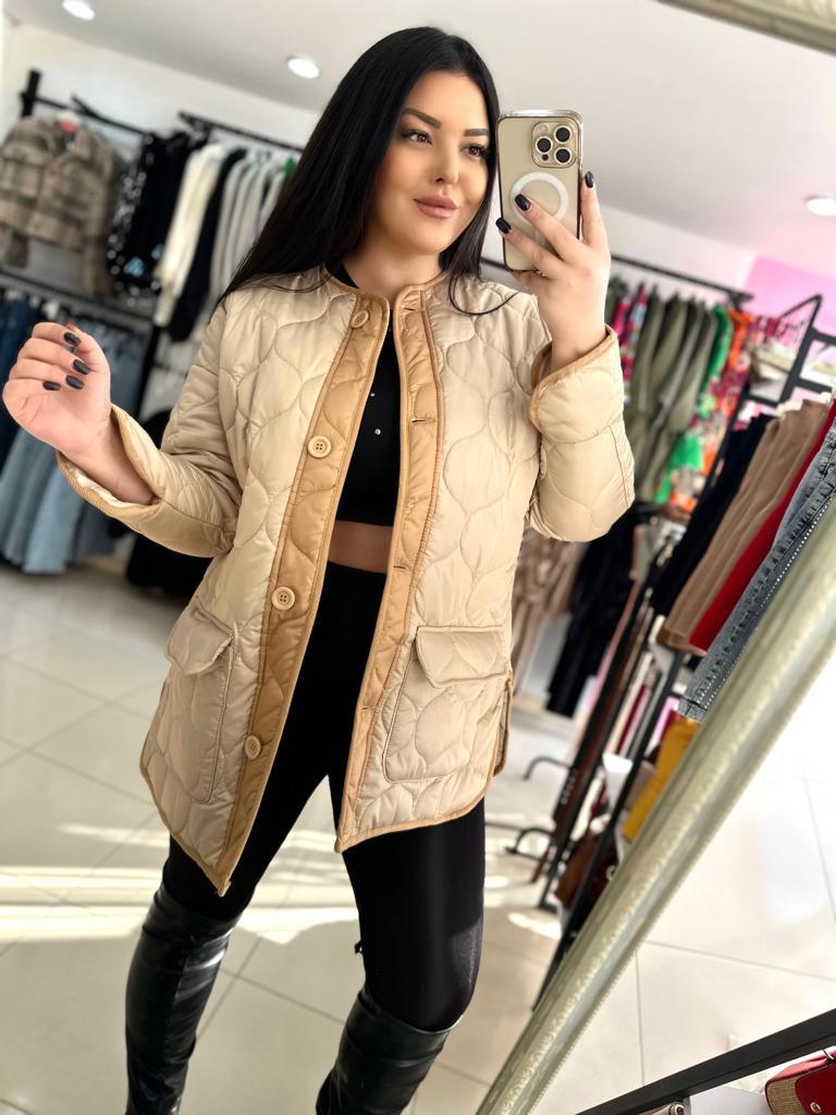 Oversize Kapitone Cepli Düğmeli Kadın Şişme Mont - Krem 