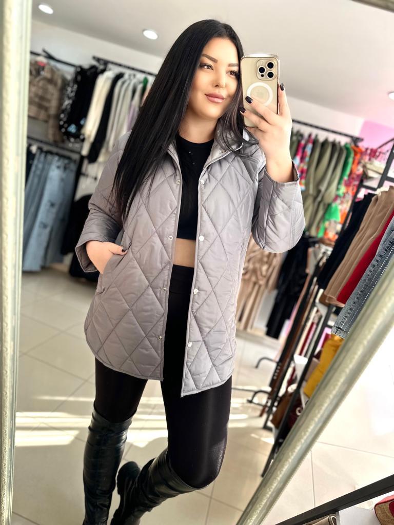 Oversize Kapitone Kapüşonlu Cepli Kadın Şişme Mont - Gri 
