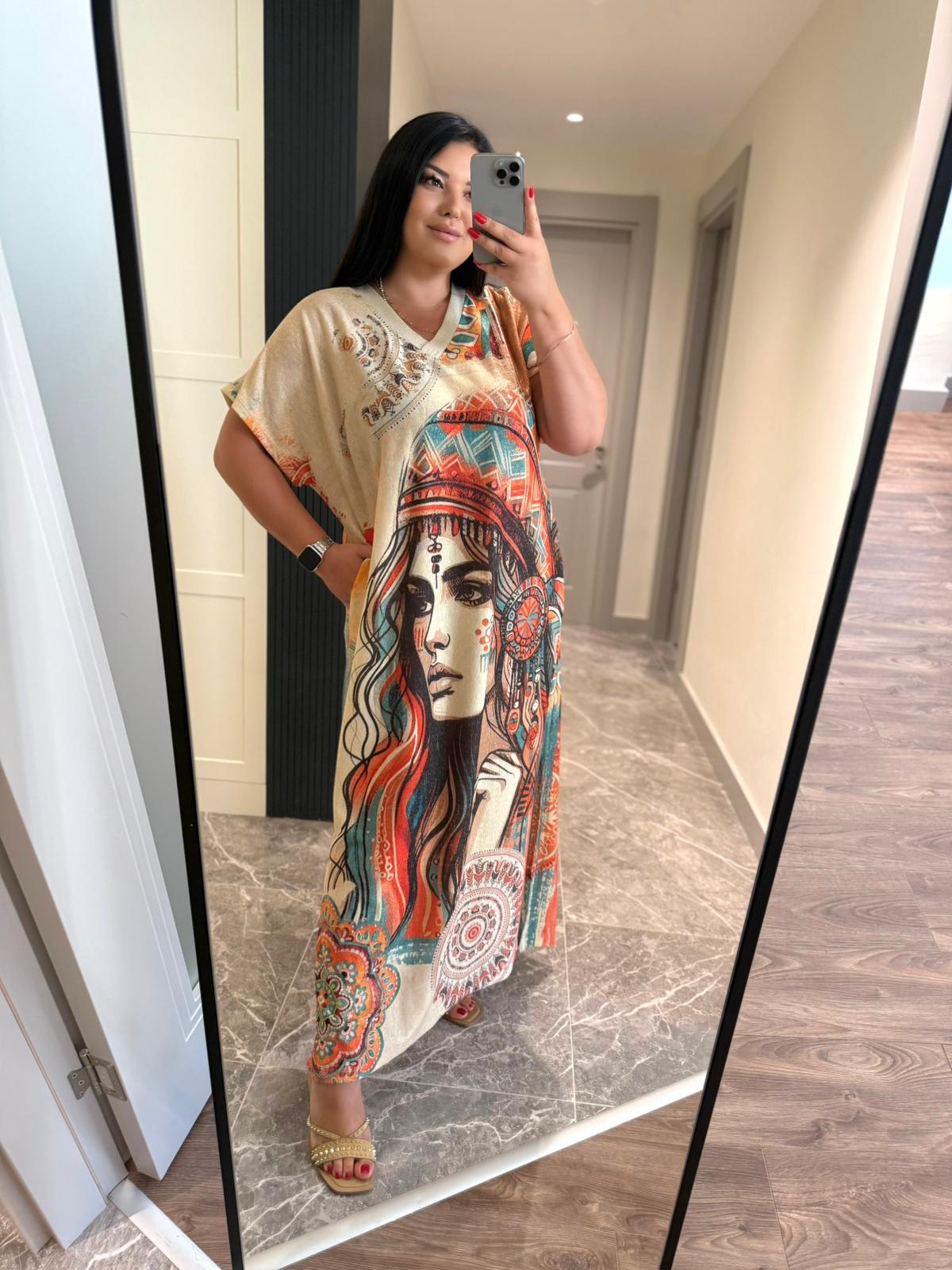 Oversize Kızılderili Desenli Simli V Yaka Maxi Boy Elbise - Krem