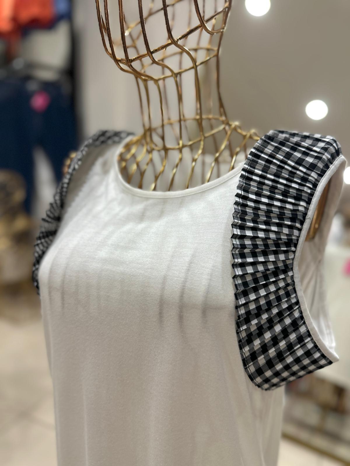 Oversize Kolu Ekose Detay Pamuklu Tshirt - Beyaz 