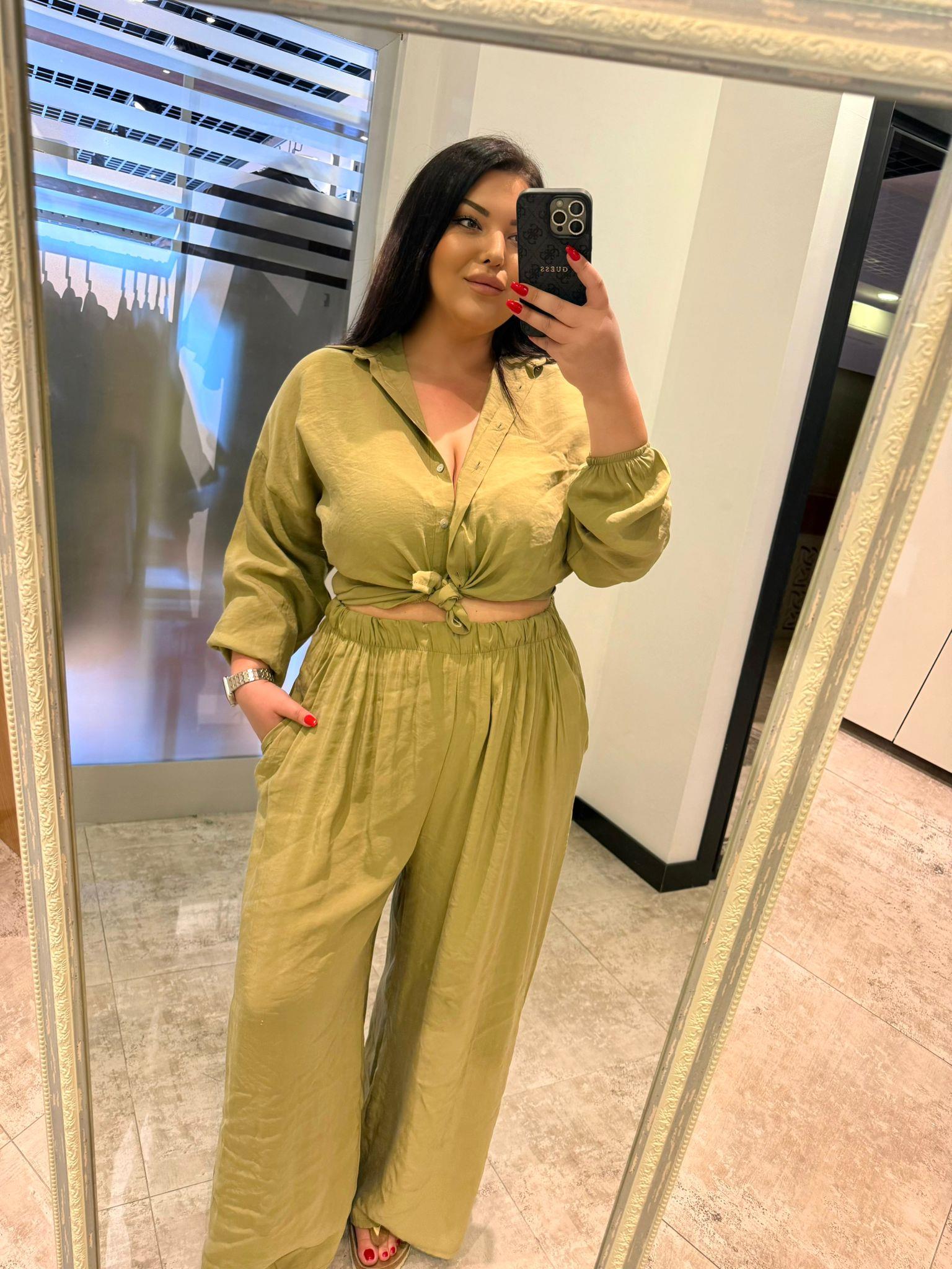 Oversize Koton Kumaş Bel Lastikli Kadın İkili Takım - Yeşil
