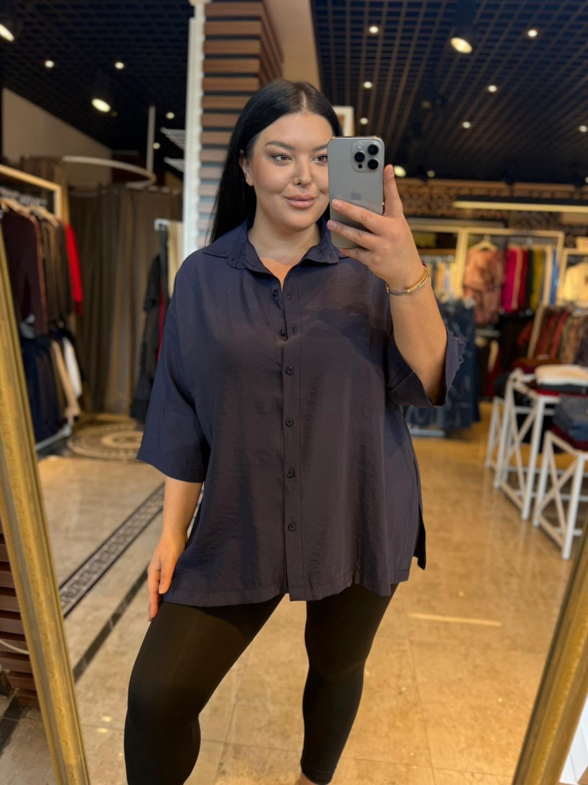 Oversize Koton Kumaş Kadın Gömlek - Lacivert 