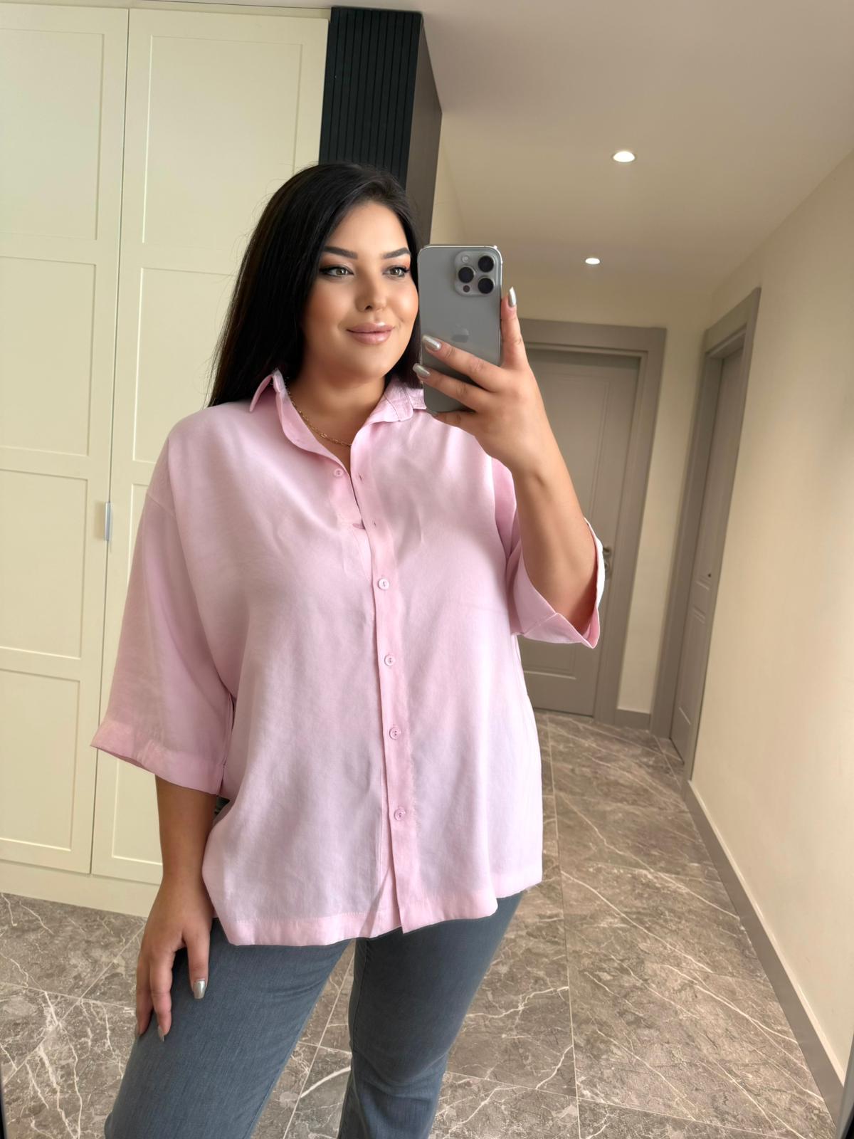Oversize Koton Kumaş Kadın Gömlek - Pembe 