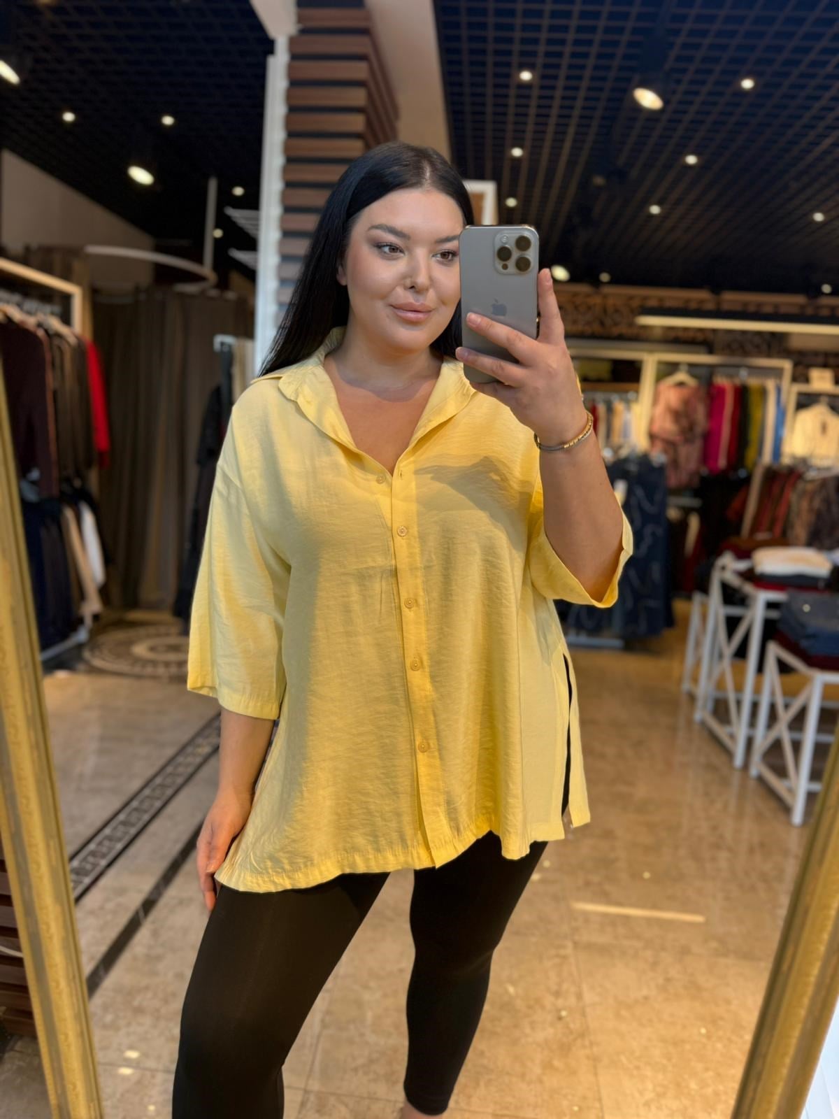 Oversize Koton Kumaş Kadın Gömlek - Sarı 