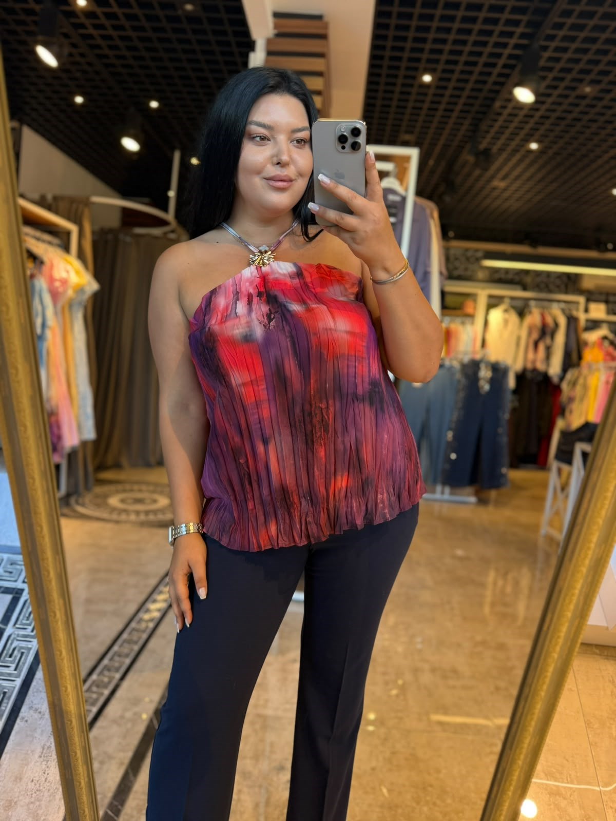 Oversize Kraşlı Batik Desen Bağlamalı Kadın Bluz - Pembe 