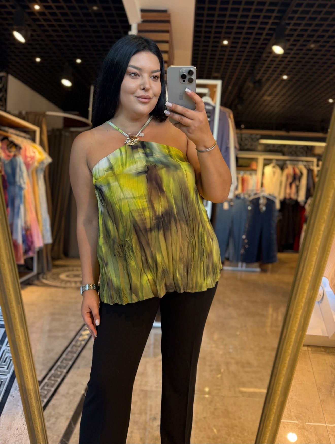 Oversize Kraşlı Batik Desen Bağlamalı Kadın Bluz  - Yeşil 