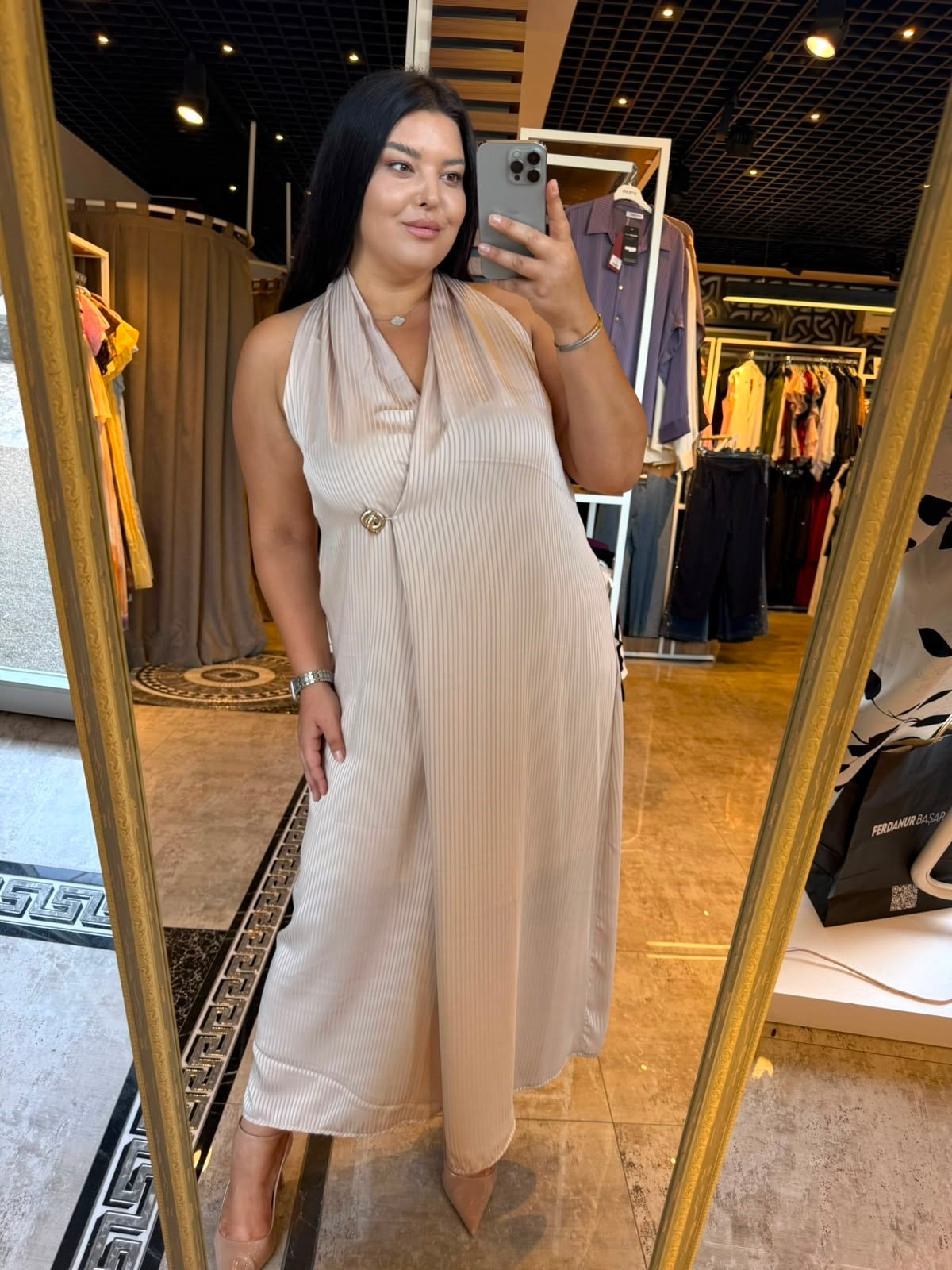 Oversize Kruvaze Kapama Nisbet Elbise - Bej 