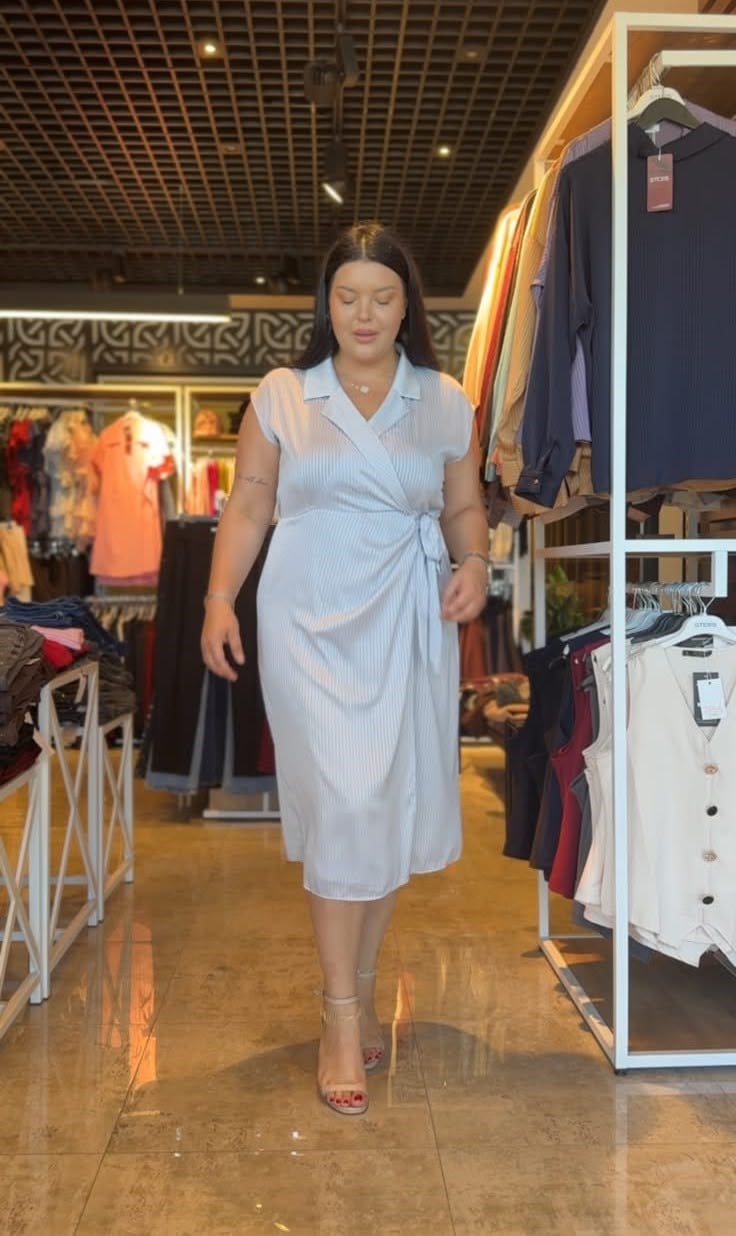 Oversize Kruvaze Yan Bağlamalı Kadın Elbise - Gri 