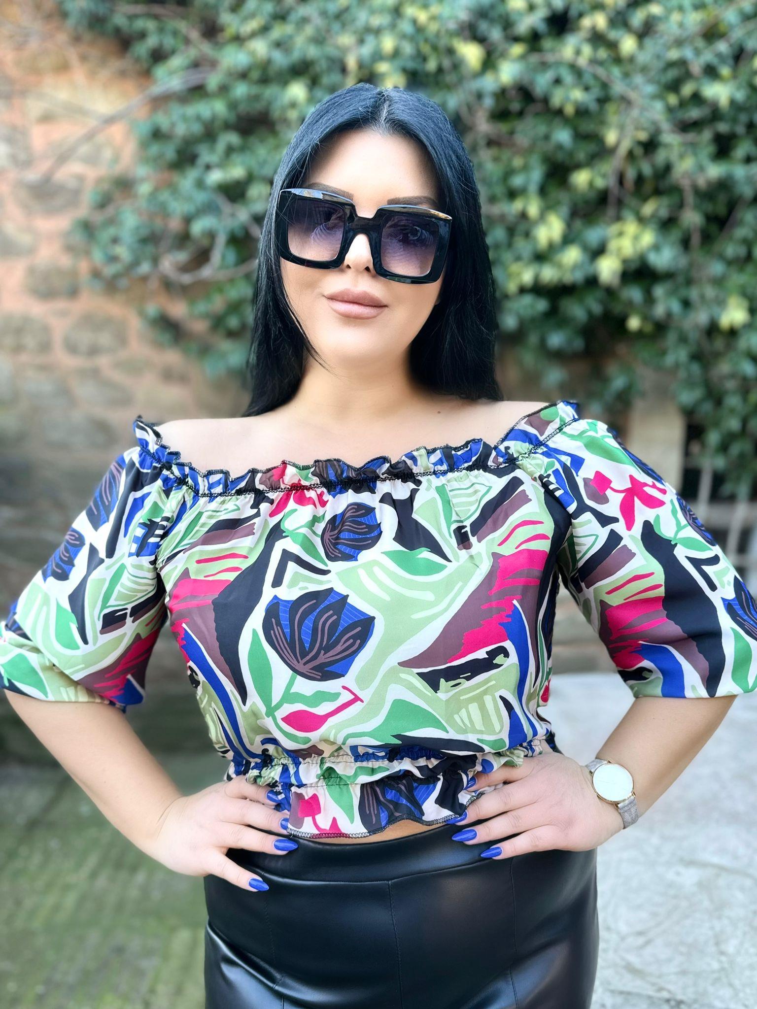 Oversize Lastikli İtalyan İpek Saten Crop Bluz - Desenli