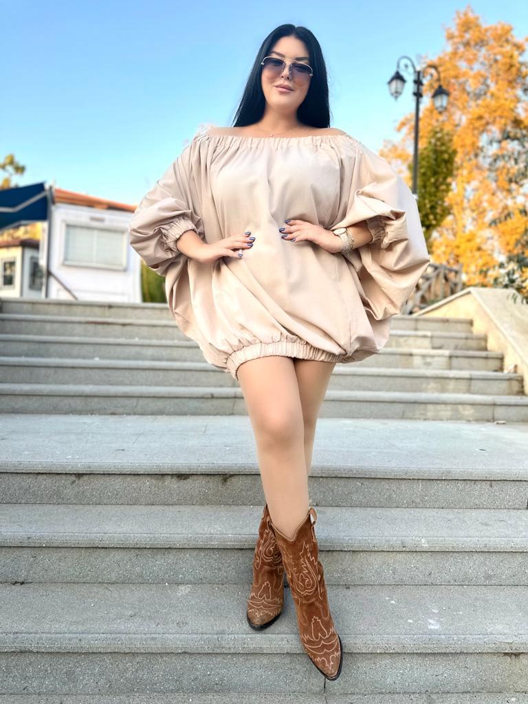 Oversize Lastikli Madonna Yaka Balon Kısa Elbise - Krem 