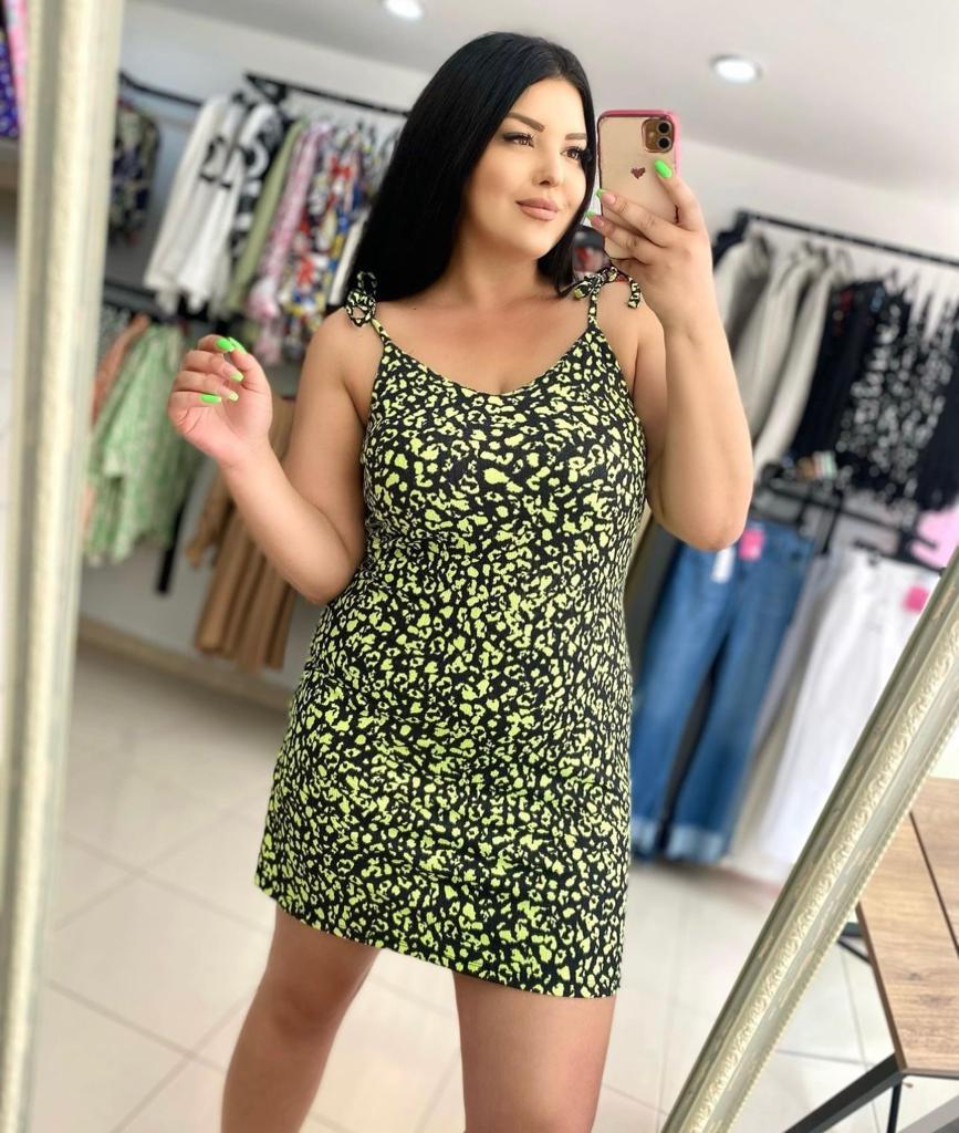 Oversize Leopar Desenli İp Askılı Kısa Elbise - Yeşil 