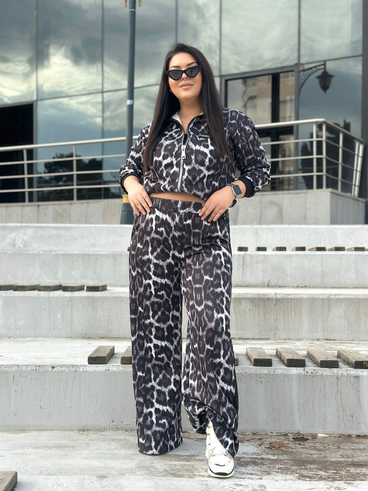 Oversize Leopar Desenli Kadın Eşofman Takım - Gri