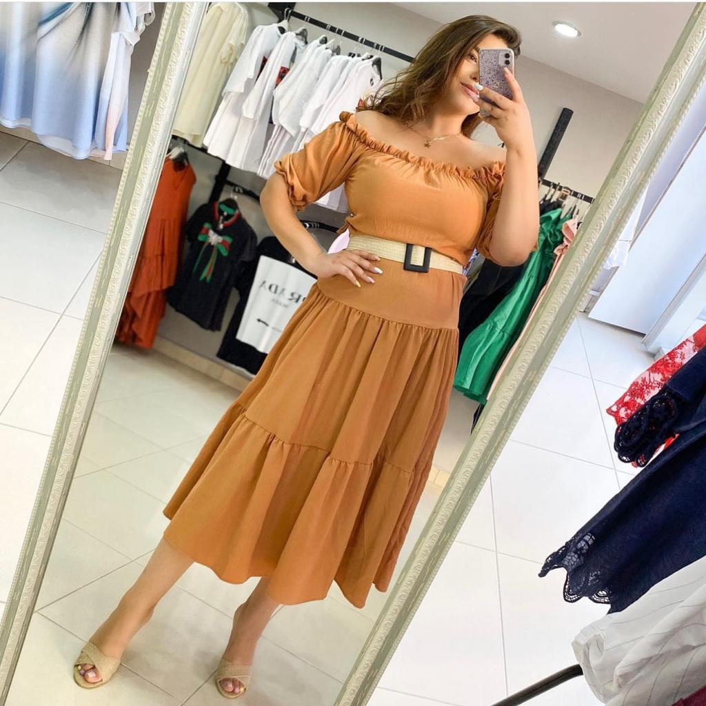 Oversize Madonna Lastik Yaka Kuşak Detay  Maxi Boy Elbise - Hardal 