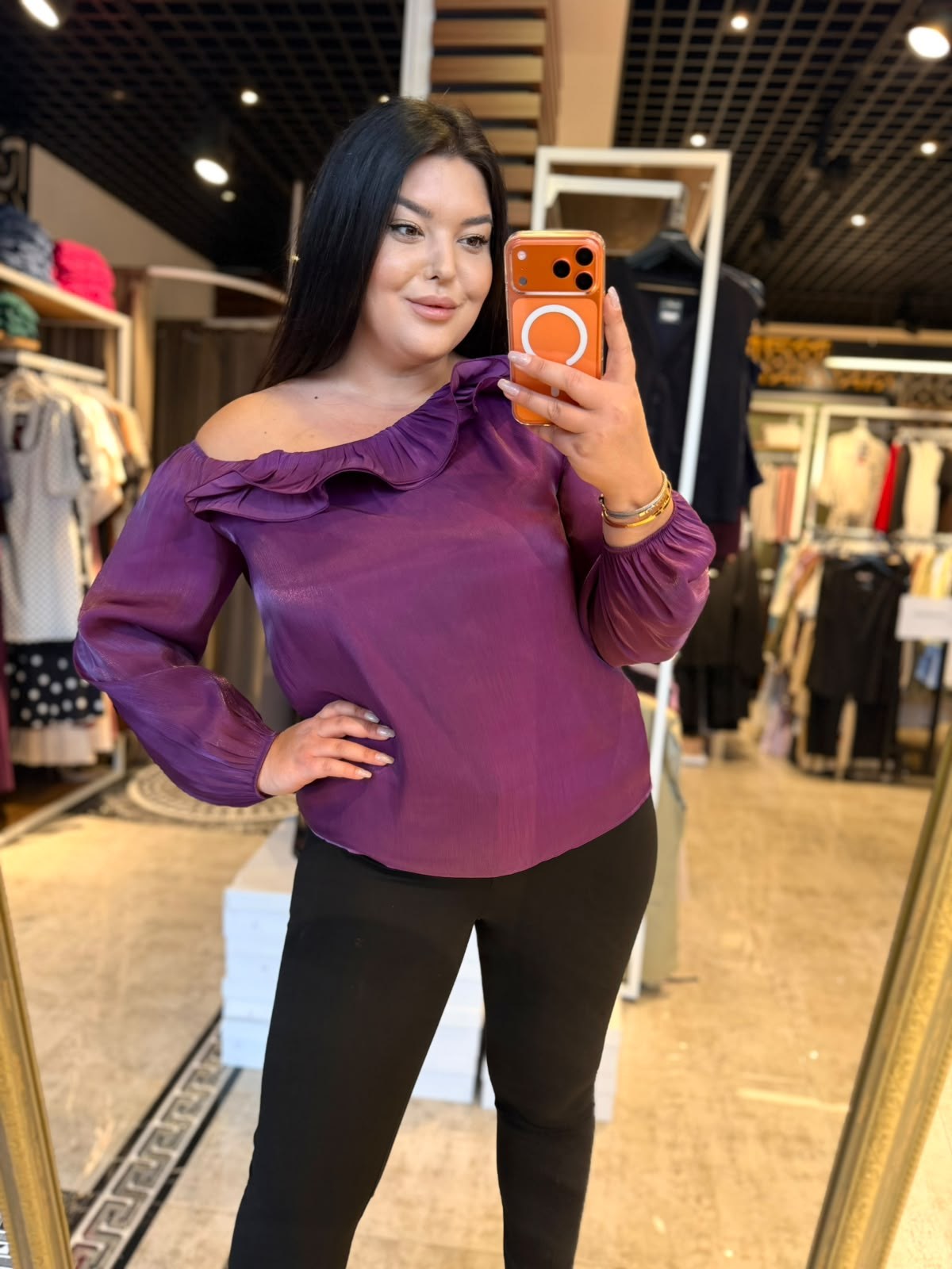 Oversize Organze Kumaş Kayık Yaka Kadın Bluz - Mor 