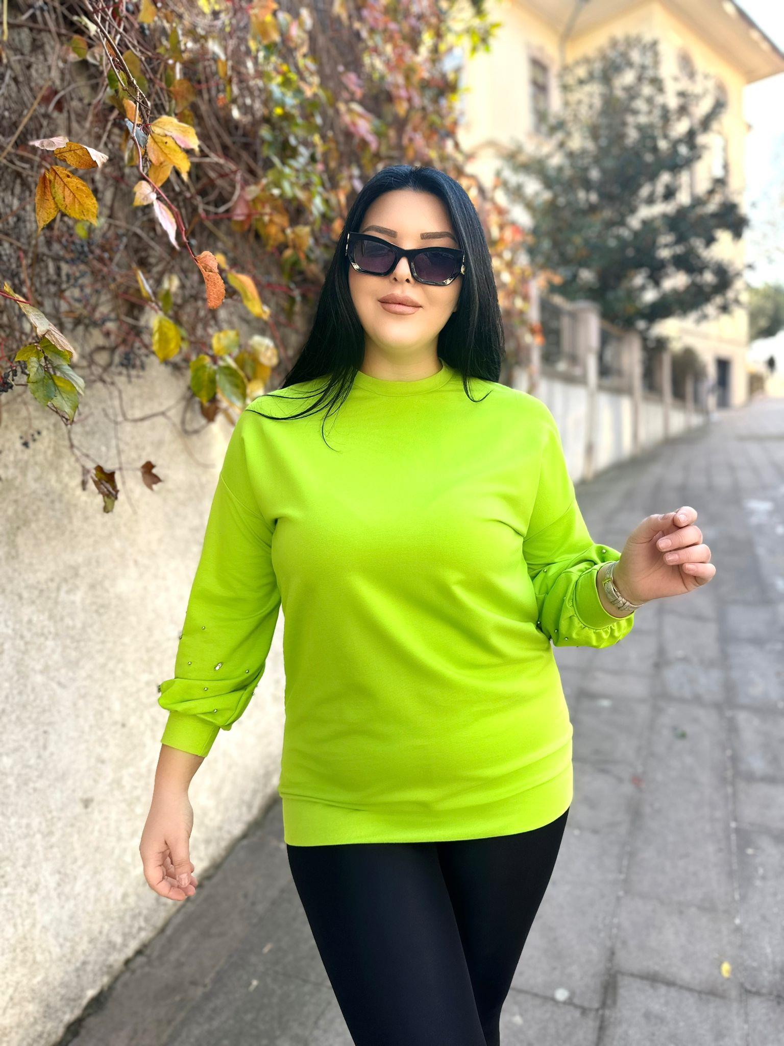 Oversize Pamuk Kumaş İki İplik Taş Detay Kadın Sweatshirt - Yeşil  