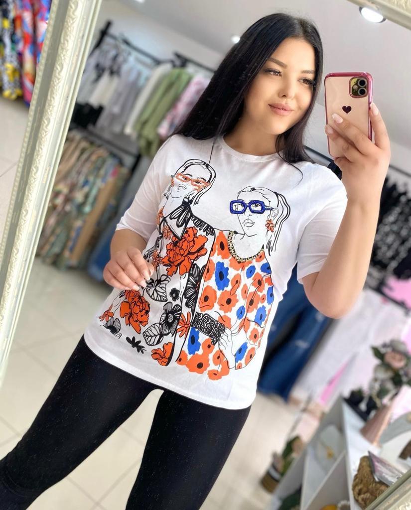 Oversize Pamuklu Baskılı Taşlı Kadın Tshirt - Beyaz 