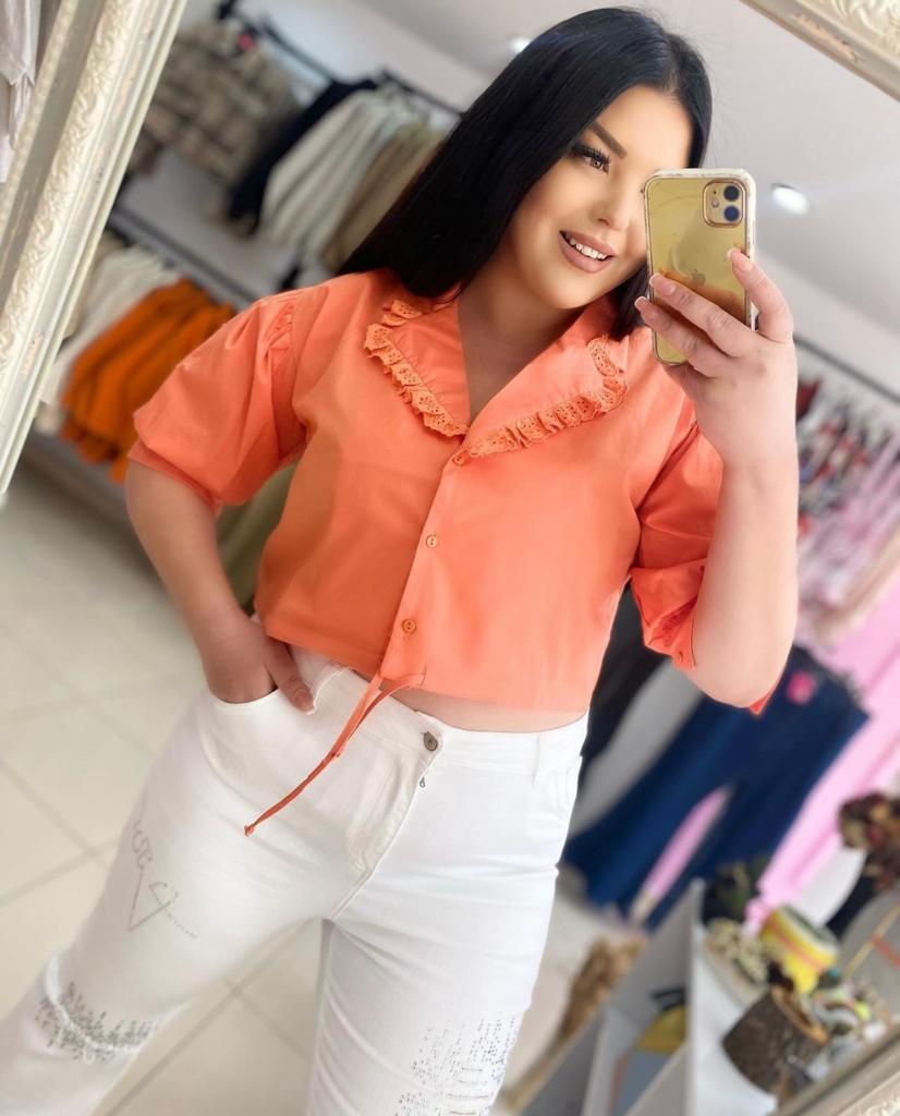 Oversize Pamuklu Fistolu Kadın Crop Gömlek - Turuncu 
