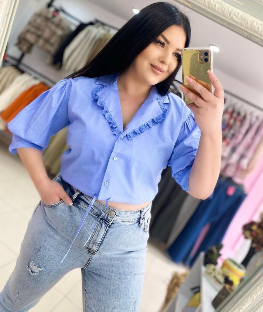 Oversize Pamuklu Fistolu Kadın Crop Gömlek - Mavi 