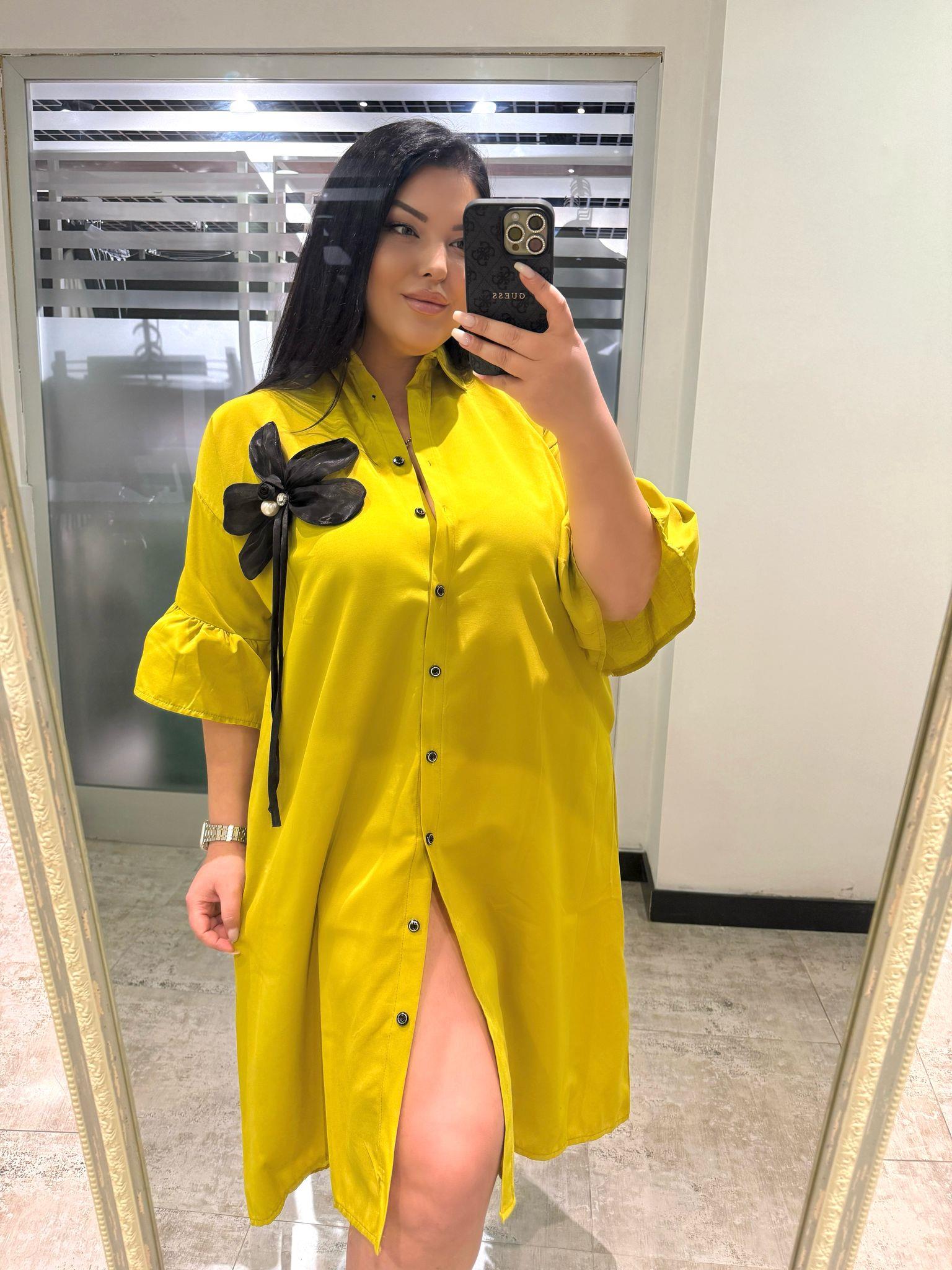 Oversize Pamuklu  İşlemeli Fırfır Detaylı Gömlek Elbise - Yeşil
