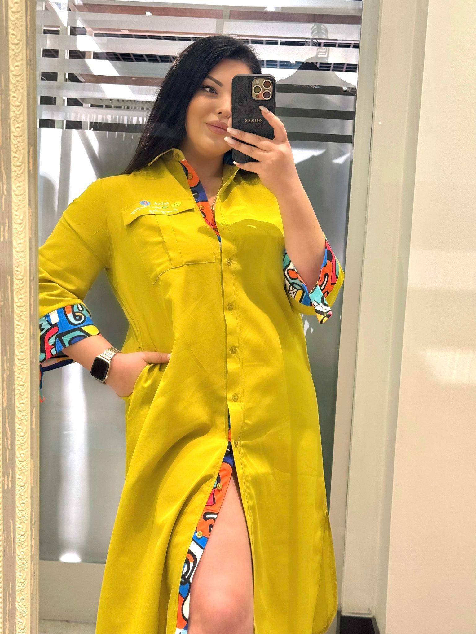 Oversize Pamuklu Kol Desenli Cep Detaylı Gömlek Elbise - Yeşil