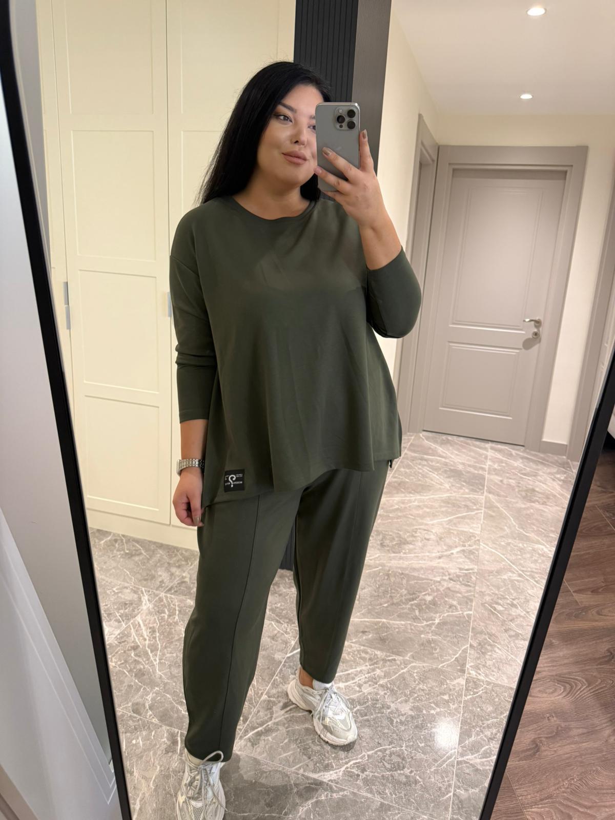 Oversize Pamuklu Modal Kumaş Şalvar Pantolonlu Kadın İkili Takım - Haki