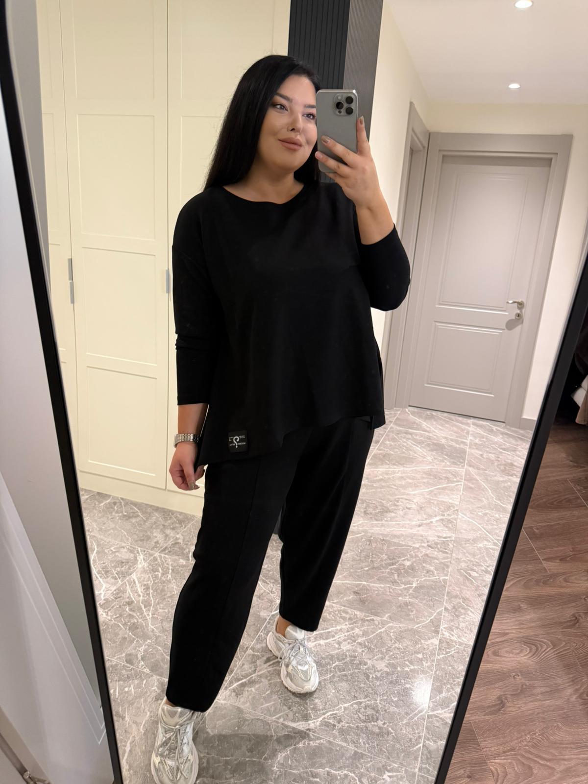 Oversize Pamuklu Modal Kumaş Şalvar Pantolonlu Kadın İkili Takım - Siyah 