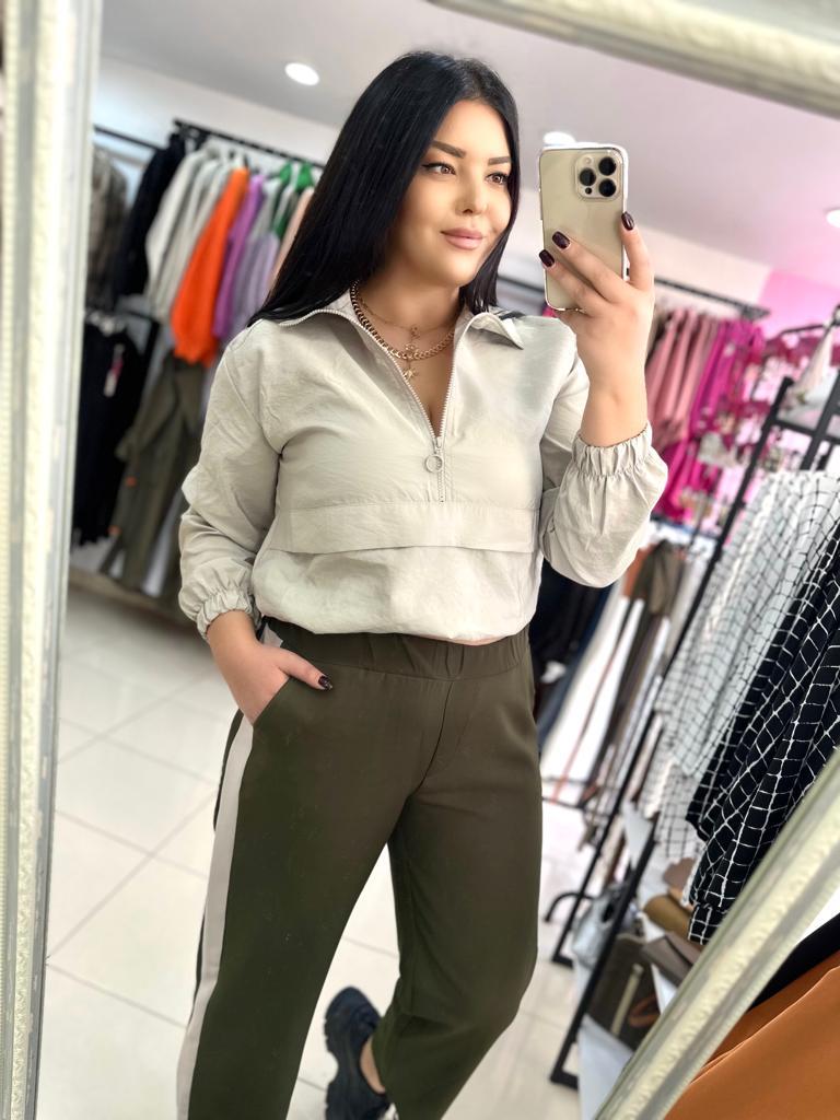 Oversize Paraşüt Kumaş Kadın Sweat - Taş Rengi 