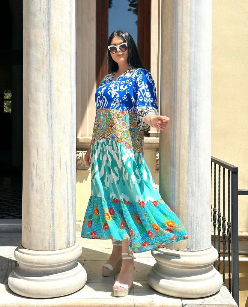 Oversize Patchwork Bohem Etnik Desenli Uzun Elbise - Mavi 