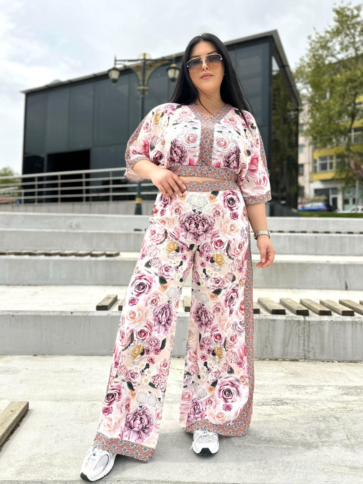 Oversize Pembe Çiçek Desenli Kadın İkili Takım - Krem 