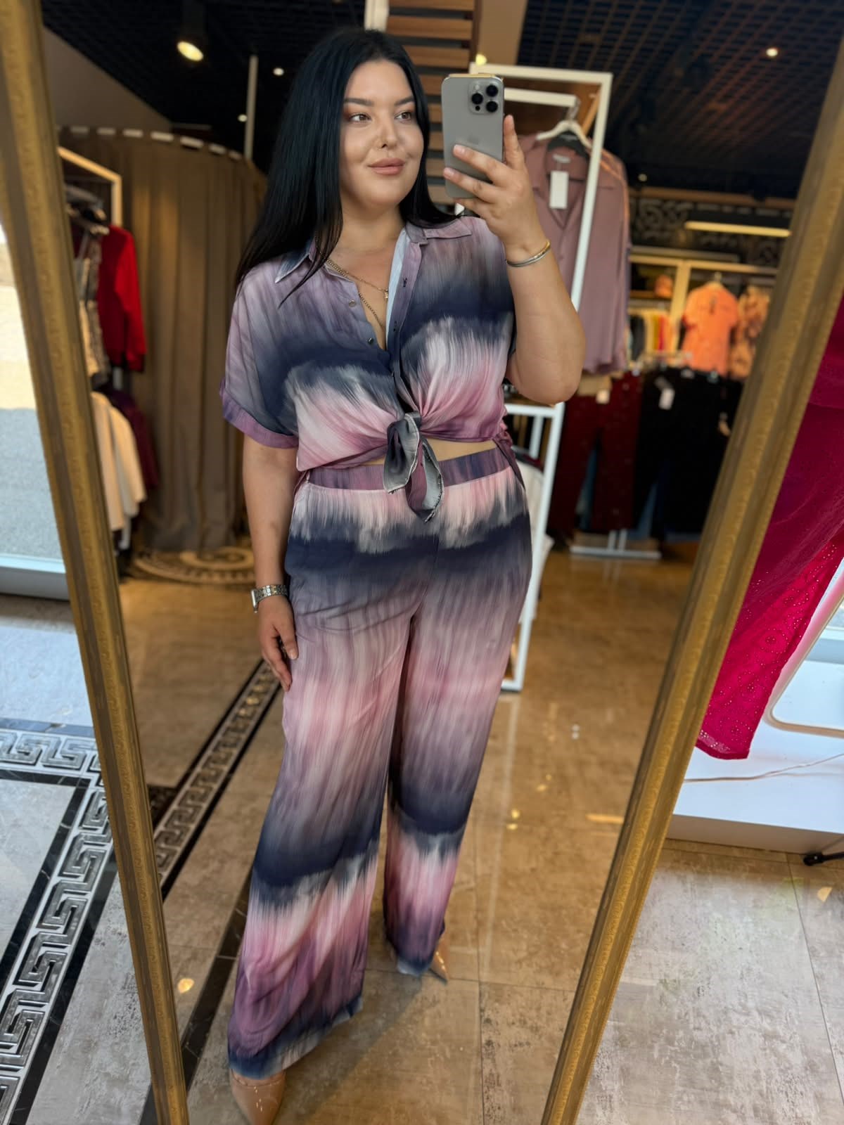Oversize Renkli Desenli Gömlekli Kadın İkili Takım - Pembe 