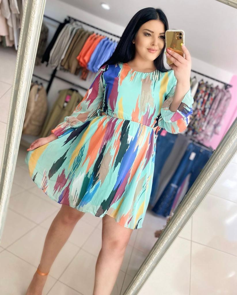 Oversize Şifon Yandan Büzgülü Desenli Kısa Elbise - Mint Yeşili 