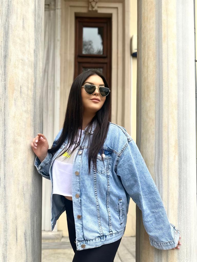 Oversize Tasarım Full Kristal Taşlı Kadın Jean Ceket - Mavi