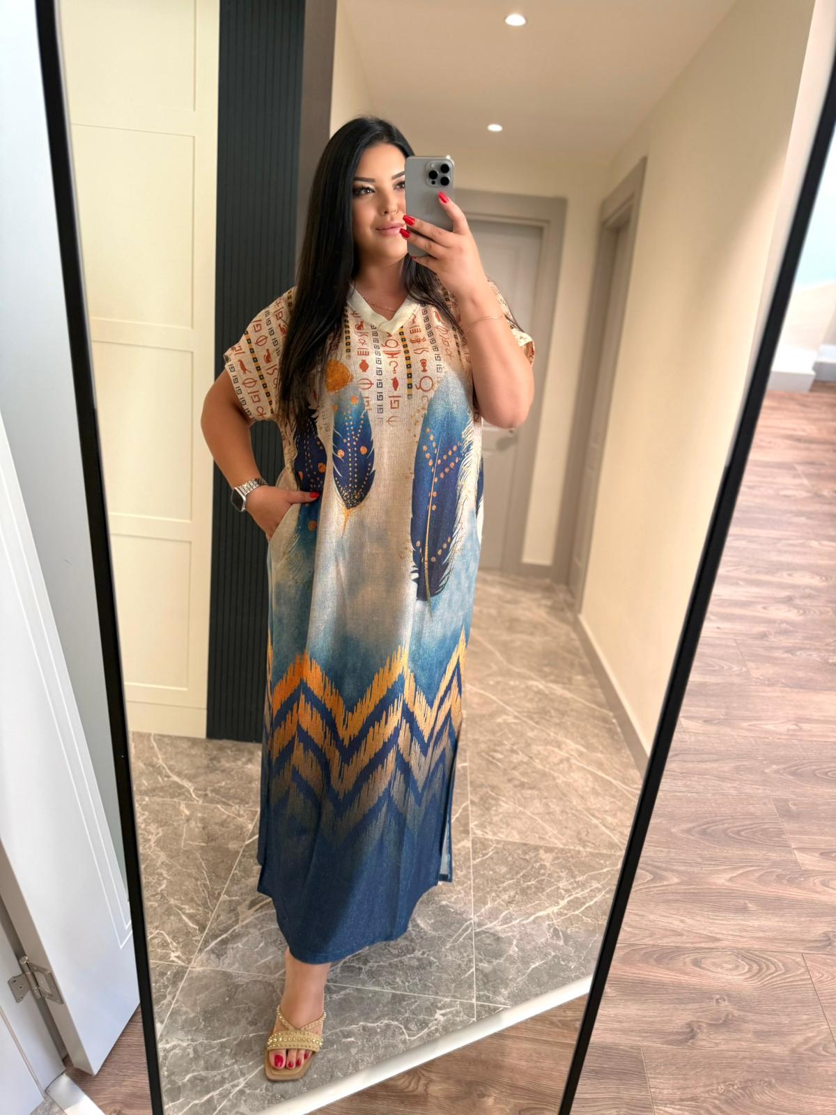 Oversize V Yaka Maxi Boy Simli Elbise - Mavi