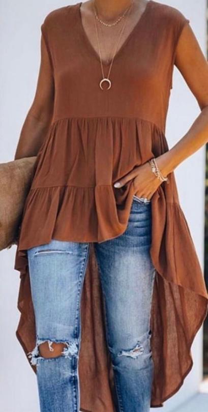 Oversize V Yaka Pamuklu Asimetrik Bluz - Kahve 