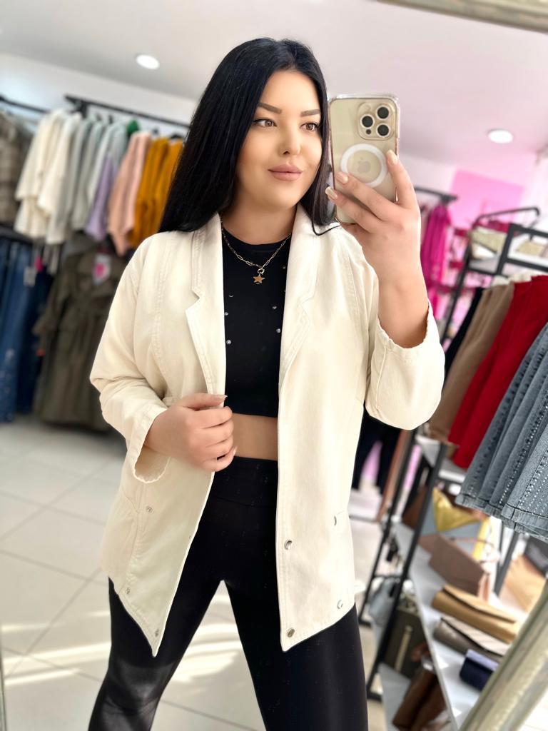 Oversize Vintage Kadın Jean Ceket - Krem 