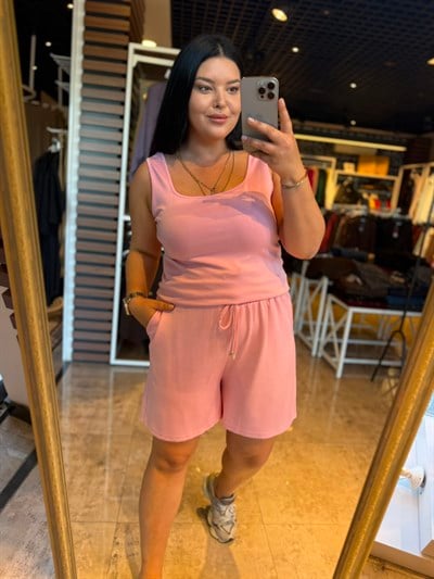 Büyük Beden Likralı Modal Kumaş Kalın Askılı Şortlu Kadın İkili Takım - Pembe 