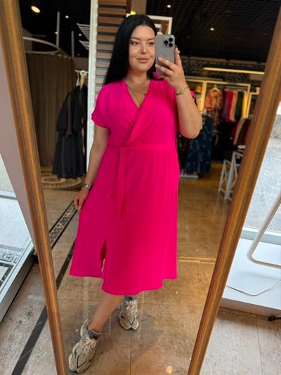 Büyük Beden V Yaka Kuşaklı Ayrobin Kumaş Elbise - Pembe 